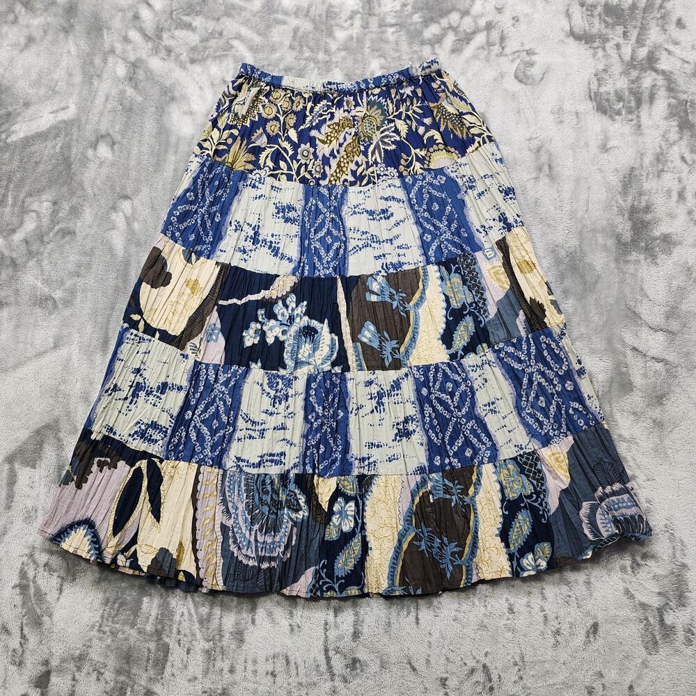 Vintage Notations Skirt Womens S‎ Blue Tan Patchwork A-Line Pull On Midi Cotton